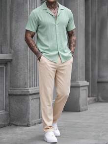 Manfinity CasualCool Men's Solid Color Simple Short Sleeve Shirt And Shorts Set For Daily Wear Mint Green Men Outfit Two Pieces Summer Stripe Button Up Set... - Multicolor - View 5
