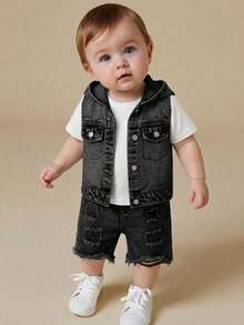 SHEIN Bubblio Baby Boy Blue Denim Sleeveless Hooded Vest & Loose Distressed Shorts 2pcs Set - Black - View 8