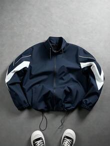 Manfinity EMRG Men's Stand Collar Colorblock Zipper Jacket Windbreaker Racing Jacket Y2K Jacket - Blue - View 1