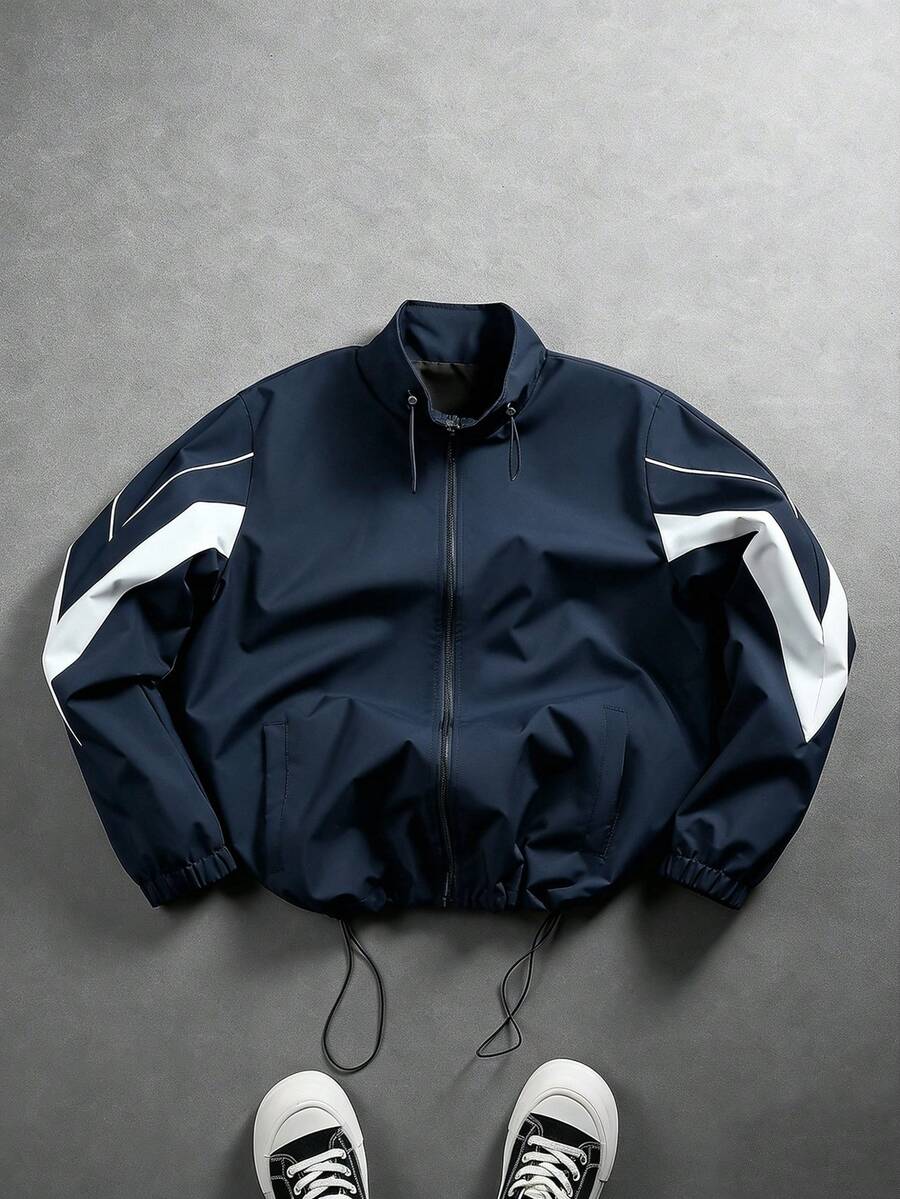Manfinity EMRG Men's Stand Collar Colorblock Zipper Jacket Windbreaker Racing Jacket Y2K Jacket - Blue - View 1