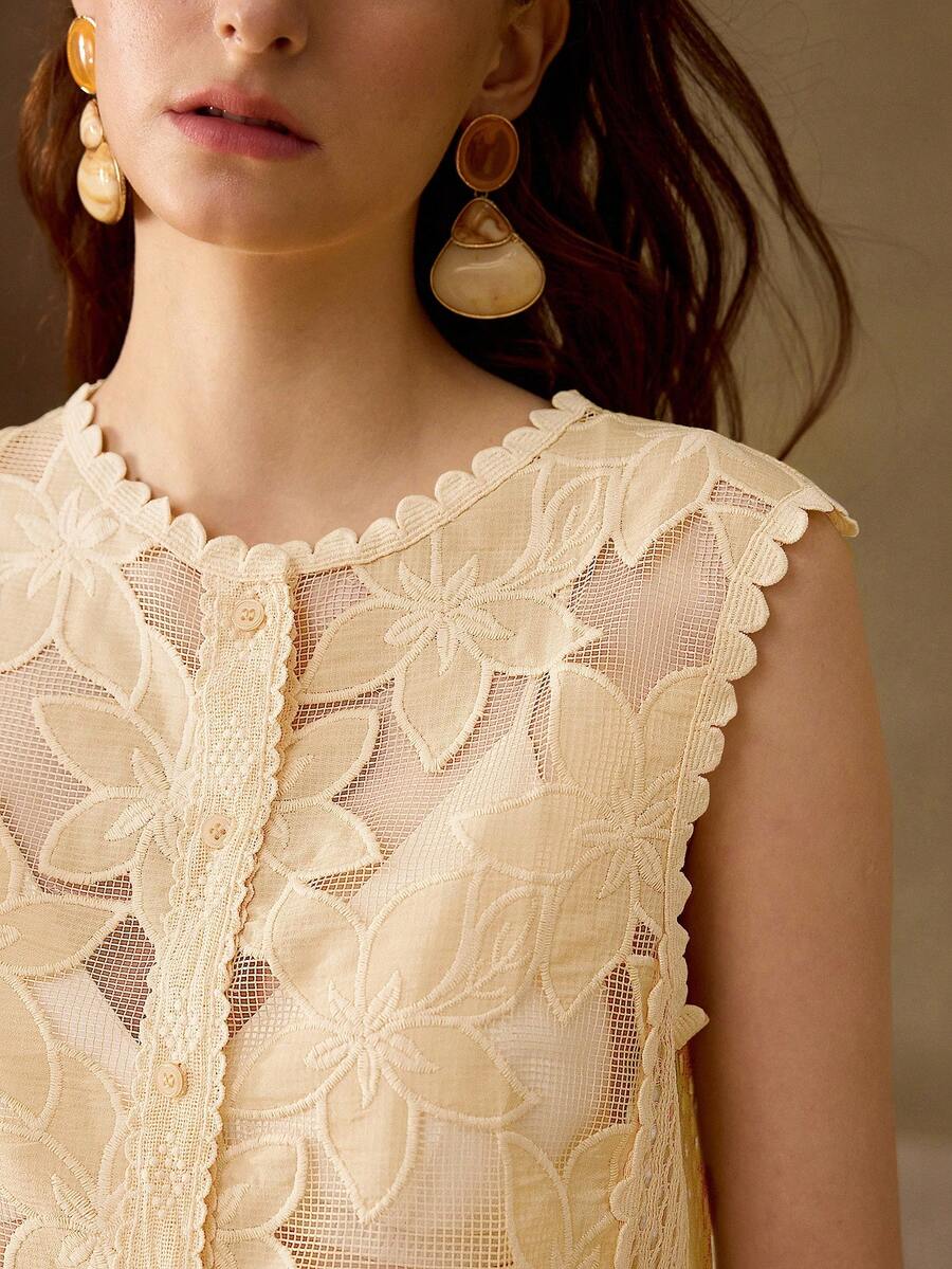 MOTF PREMIUM WOMEN'S EMBROIDERED FABRIC PATCHWORK SLEEVELESS BUTTON FRONT TOP - Apricot - View 1