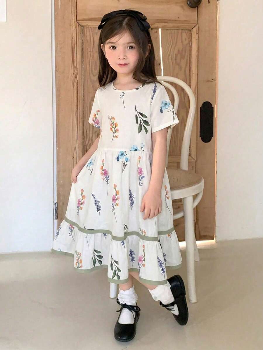 Dazy Kids 少女度假風花卉印花圓領短袖荷葉邊下擺洋裝 夏季 - 白色 - 查看 1