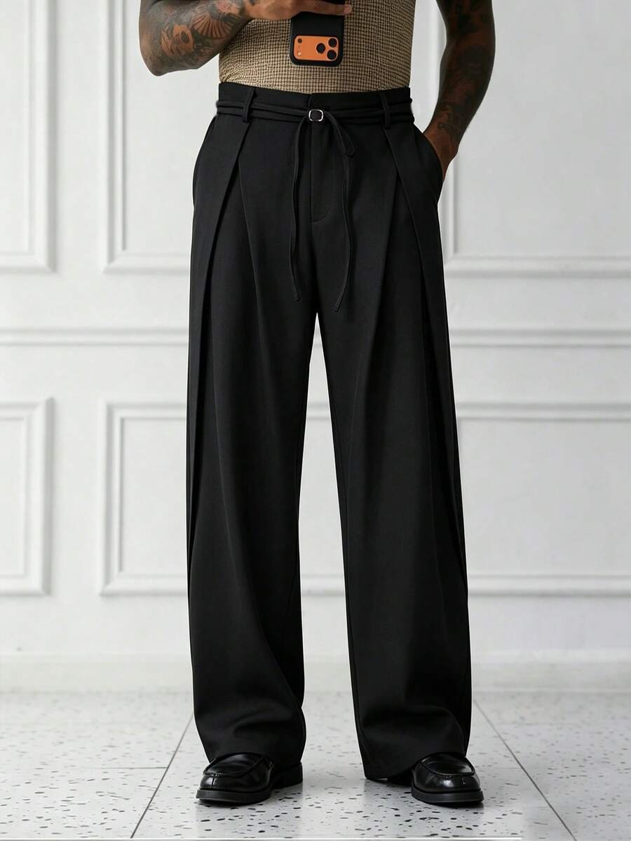 HUEFORM Men's Old Money Black Relaxed Fit Wide Leg Casual Flowing Pants, The Belt Design Makes The Product More Refined.,
The Cross-Pleat Design Makes The Silhouette More Three-Dimensional. The Best Gift For Your Boyfriend Or Husband. - Black - View 1