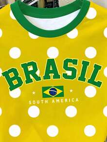 SHEIN 1件青少年女孩休閒舒適時尚簡約鮮豔陽光黃復古風綠色Brazil字母印花短袖T恤，春夏款，適合日常穿著 - 彩色 - 查看 4
