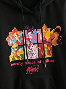Winx Club X ROMWE Cartoon Graphic Kangaroo Pocket Drawstring Hoodie - Black - View 4