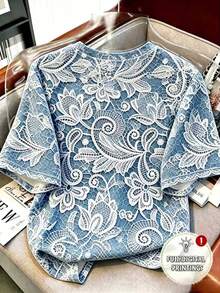 SHEIN Franclia 女款仿蕾絲拼接撞色圓領數位印花圖案T恤 - 彩色 - 查看 2