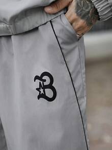 Devon Thys 男士字母印花连帽拉链夹克和撞色滚边裤子套装 男士两件套 男士街头服饰套装 男士运动服套装 慢跑服 男士慢跑套装，防风衣/户外防风衣，派克大衣，街头服饰，慢跑服 - 灰色 - 查看 3