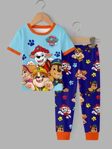 SHEIN | PAW Patrol 小男孩圓領卡通印花短袖上衣與長褲休閒日常居家睡衣套裝 - 彩色 - 查看 3