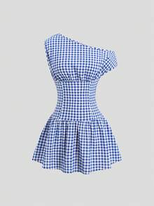 Vestido de verano para mujer con hombro asimétrico, estilo preppy a cuadros, nuevo - Azul - Ver 4