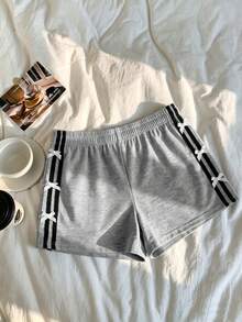 Modelyn Women's Elastic Waist Bow Decor Casual 2000s Cute Versatile Daily Wear School Shorts City Break Grey Striped Summer Back-To-School Sports - Light Grey - View 7