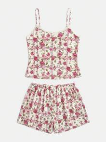 lacRébo Pink Vintage Floral Print Cami And Shorts Sleepwear Set With Delicate Straps And Tiny Bows Summer Homewear - Multicolor - View 9