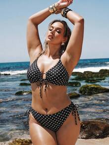 SHEIN BAE CURVE 性感波點細肩帶比基尼，適合夏季海灘度假 - 黑色 - 查看 3
