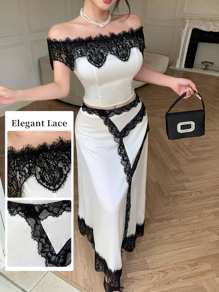 Modelyn Women's 3D Boning Waist-Cinched Slimming Shoulder Top And Asymmetric Lace Patchwork Skirt Set