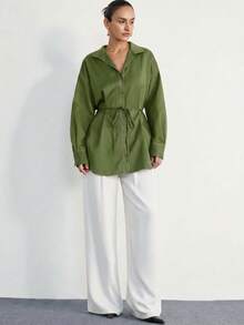 Aveloria Modichic Autumn/Winter New Women's Striped Safari Style Draped Loose Commuter Casual Long Sleeve Turn-Down Collar Stand Collar Belted Mid-Length Shirt - Green - View 2