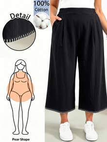 SHEIN Essnce 大尺碼女款拼色休閒日常長褲 - 黑色 - 查看 1