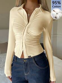 SHEIN EZwear 95%纯棉杏色修身女式长袖T恤，饰有刺绣图案 - 杏色 - 查看 3