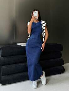 SHEIN ICON 大码女式圆领无袖褶皱修身牛仔连衣裙 - 藍色 - 查看 4