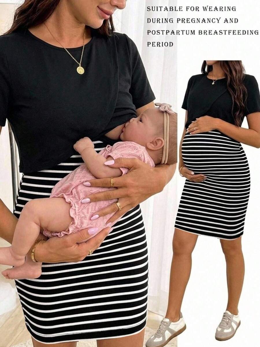SHEIN Maternity Striped Patchwork Nursing Dress,Summer Casual Elegant Black And White Crossover Top Breastfeeding Outfits For Baby Shower,Fitted Delivery - Black - View 1