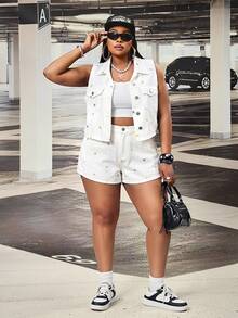 Slaydiva Plus Size Women Denim Sleeveless Jacket - White - View 5