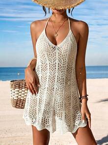 Swim Lushoire Swim Chiccia Women's Spring/Summer Casual V-Neck Sleeveless Beach Cover-Up, Off-Shoulder Tie-Front Backless Casual Swim Dress, Black Sexy Club Outfit, Women's Beachwear, Beach Outfit, Suitable For Outings, Concerts, Parties, Dates, Vacations - Beige - View 4