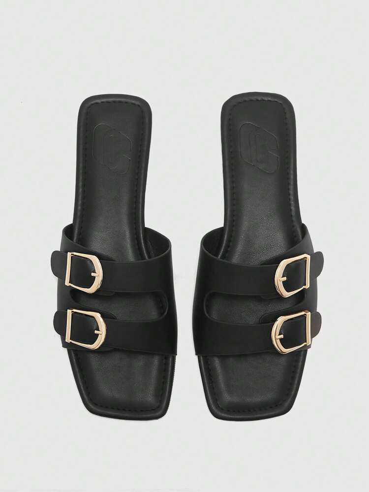 CUCCOO BIZCHIC French Premium Black Double Buckle Sandals Women's Versatile Square Toe Flat Commuter Beach Sandals