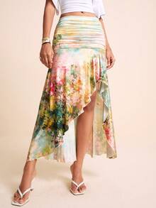 LOTSLUV Women's Spring/Summer Vacation Sage Green Floral Blurred Print Knit Ruched Slit Asymmetrical Ruffle Print Skirt Vacation Elegant - Multicolor - View 3