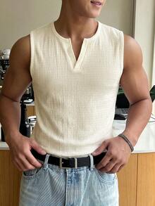 DAZY Camiseta de tirantes casual versátil de unicolor con cuello en V con muesca para hombres - Albaricoque - Ver 4