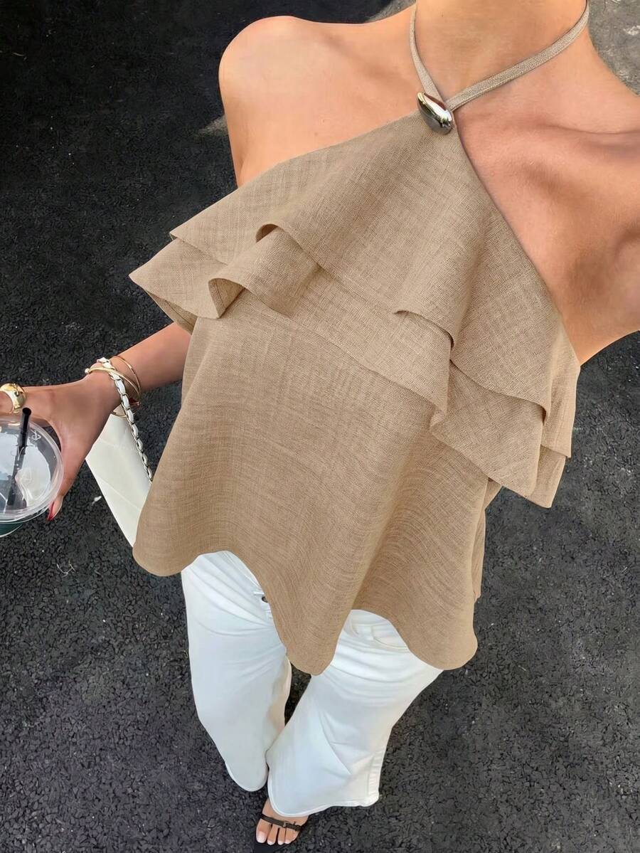 Siren Gaze Halter Neck Ruffle Top For Women - Khaki - View 1