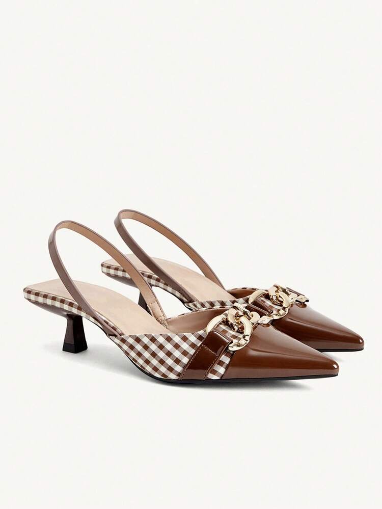 CUCCOO CHICEST Ladies Metal Chain Pointed Kitten Heels Brown Splicing Checkered High Heels Single Shoes Elegant Commuting Shopping Dating Afternoon Tea Comfortable