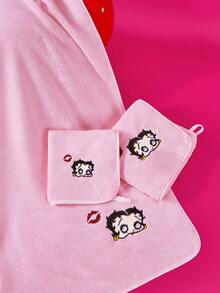 Betty Boop x SHEIN 1/3件組粉色毛巾套組，精緻刺繡 Betty 紅唇設計，吸水布料，多種尺寸，適合沐浴、游泳、旅行使用 - 粉色 - 查看 4