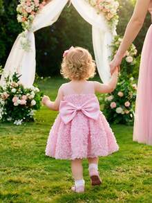SHEIN Glamorique Kids Váy hồng bé gái với thêu 3D và nơ satin lớn có thể tháo rời ở phía sau, phù hợp cho đám cưới, họp mặt gia đình, tiệc trà chiều cao cấp cha mẹ và con cái, tiệc tối, tiệc sinh nhật, tiệc sinh nhật đầu tiên của bé, chụp ảnh hàng ngày, mặc đi nghỉ, váy dạ hội tốt nghiệp, váy không tay mùa hè - Hồng - Xem 5