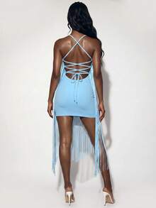 Amplova Träger mit Quasten, rückenfreies, pfirsichförmiges Büstenkleid ohne Ärmel, sexy Mini-Kleid für den Urlaub - Blau - Übersicht 3