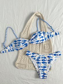 Swim Mod Spring/Summer New Blue Small Fish Print Spaghetti Strap Twist Bandeau Low Waist Pants Two-Piece Vacation Set - Multicolor - View 8