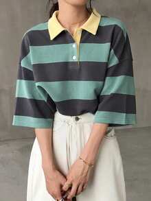 FRIFUL T-shirt casual de verão para mulher, preta e branca, riscada, gola polo, manga média, corte largo - Verde - Ver 6
