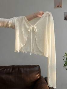 Resyla 大尺碼荷葉邊飾綁帶針織防曬開襟外套 - 杏色 - 查看 3