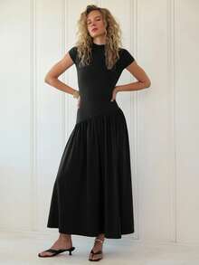 Freevana 95 Cotton Women's Solid Color Stand Collar Puff Sleeve Pleated Long Casual Elegant Dress, Summer Black Dress Date Holiday Everyday Everyday Night - Black - View 4