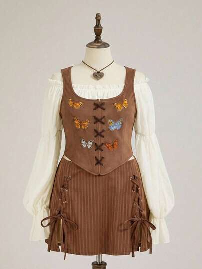 Vintage Hippie Butterfly Embroidered Western Nomad Early Autumn Outerwear Suede Top