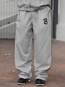 Devon Thys 男士字母印花连帽拉链夹克和撞色滚边裤子套装 男士两件套 男士街头服饰套装 男士运动服套装 慢跑服 男士慢跑套装，防风衣/户外防风衣，派克大衣，街头服饰，慢跑服 - 灰色 - 查看 2