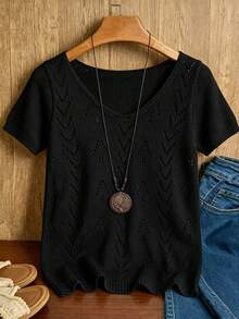 SHEIN Franclia Áo dệt kim nữ mùa hè phong cách tối giản, màu trơn, họa tiết rỗng, đa năng, mặc thường ngày, đi làm và đi du lịch - màu đen - Xem 6