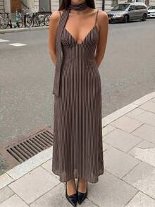 Firerie Women's New Black And White Striped Mesh Print Backless Spaghetti Strap Maxi Dress, Sexy Long High Elastic Flowing Vacation Style V-Neck Brunch Summer - Chocolate Brown - View 7