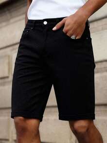 EGENSIO Men's Plus Size Summer Casual Streetwear Daily Commute Minimalist Versatile Solid Color Denim Shorts Black - Black - View 1