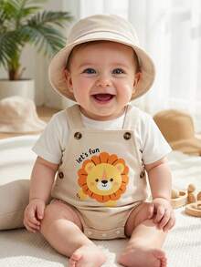 SHEIN Playful Pals 新生兒男嬰/女嬰中性服裝套裝，綠色與白色條紋吊帶連身褲，舒適百搭休閒極簡風格，適合春季、夏季、室內、室外、日常、運動、派對、節日，0-3歲 - 卡其色 - 查看 3