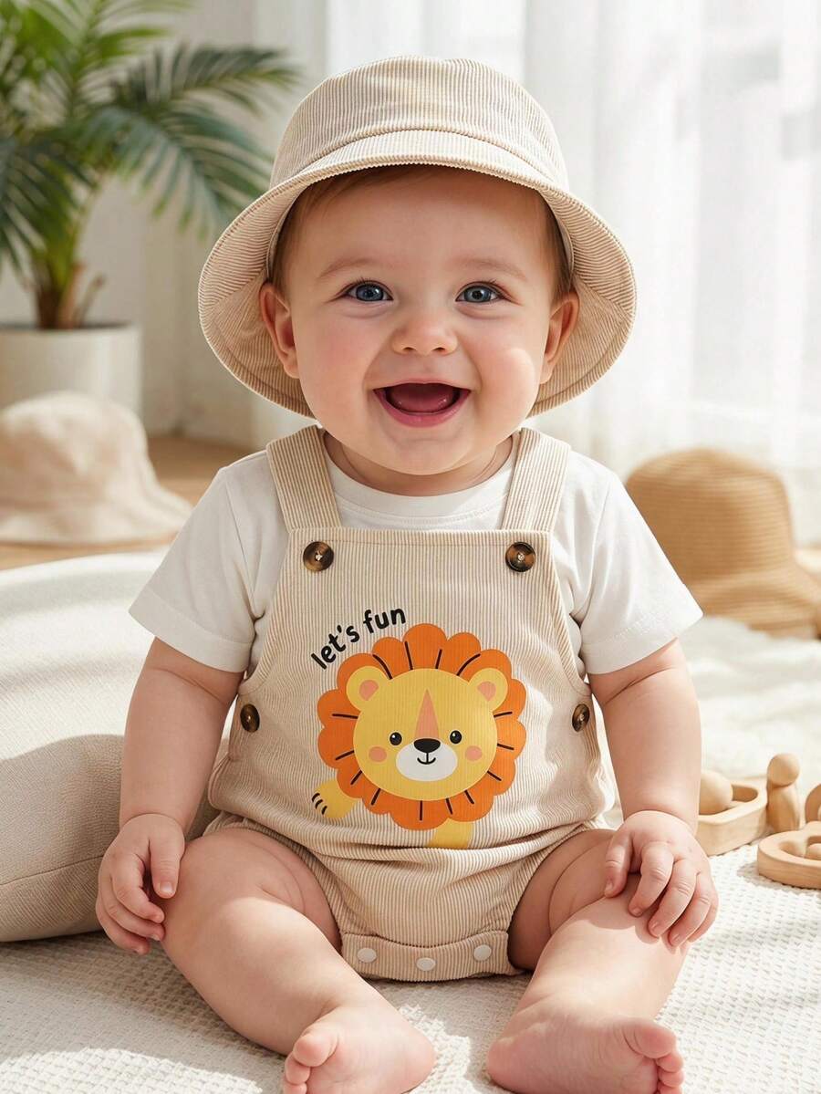 SHEIN Playful Pals Bộ quần áo trẻ sơ sinh bé trai/bé gái màu trung tính, yếm sọc xanh & trắng, phong cách tối giản thoải mái đa năng, phù hợp cho mùa xuân, mùa hè, trong nhà, ngoài trời, hàng ngày, thể thao, tiệc, lễ hội, 0-3 tuổi - Màu Khaki - Xem 1