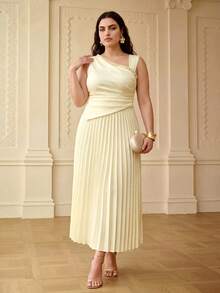 ZEYLAH Plus Size Women's Cinched Waist Gathered Bead Chain Decor Ruched Long Dress Spring Summer - Apricot - View 6