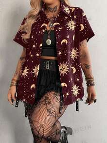 Flirla Black Minimalist Comfortable Casual Turndown Collar Printed Short Sleeve Shirt - Burgundy - View 1