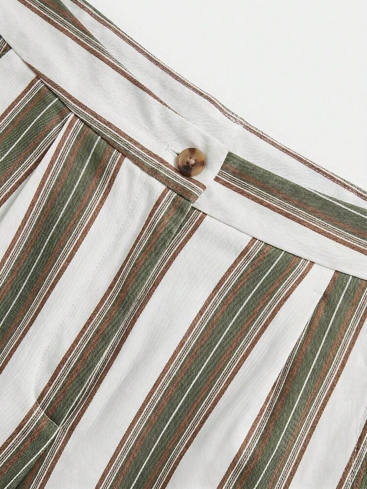 White And Brown Stripped Trousers Mid-Rise Waist Summer Work Holiday Office French Vinatge Style
