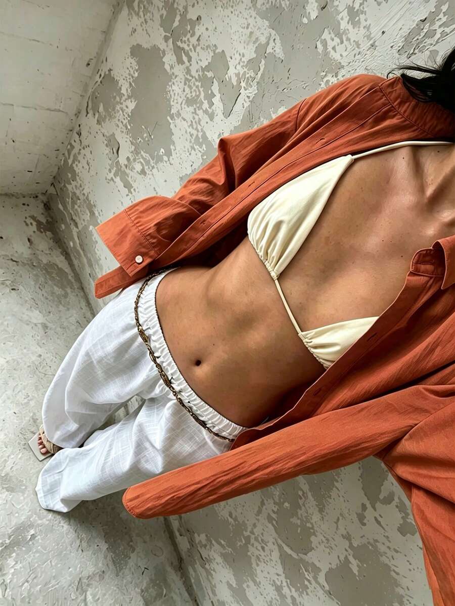 Glamine 女士纯色单排扣休闲百搭日常长袖衬衫 - 橘色 - 查看 1