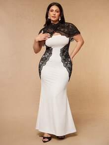 SHEIN BAE CURVE Plus Size Women's White Lace Patchwork Long Dress, Cover-Up Top Set - White - View 6