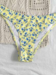 Swim Mod 女款夏季海灘度假花卉印花細肩帶比基尼三角褲兩件式泳衣套裝 奶油黃 性感熱帶風 - 彩色 - 查看 4