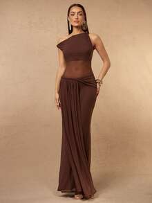 Silquee This Elegant Brown Maxi Dress Features A One-Shoulder Design And Is Adorned With Pleated Mesh Panels, Making It Suitable For Various Occasions. Women' - Coffee - View 5